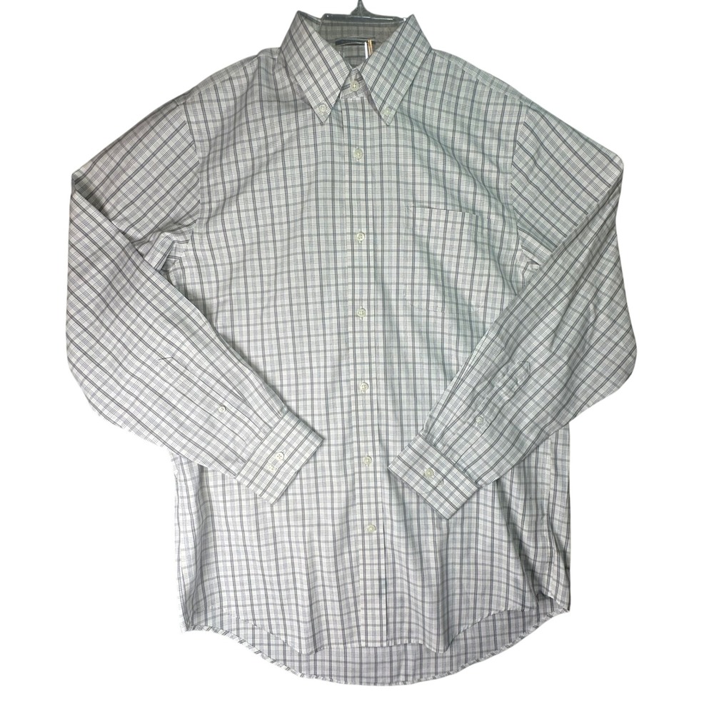 Lands End Mens No Iron Supima Pinpoint Shirt Grid Plaid Office 16-34 White Blue